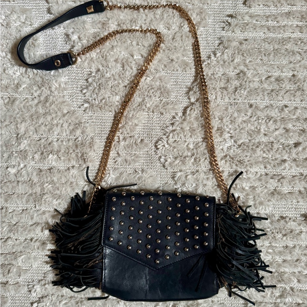 Studded Black Fringe Crossbody Bag